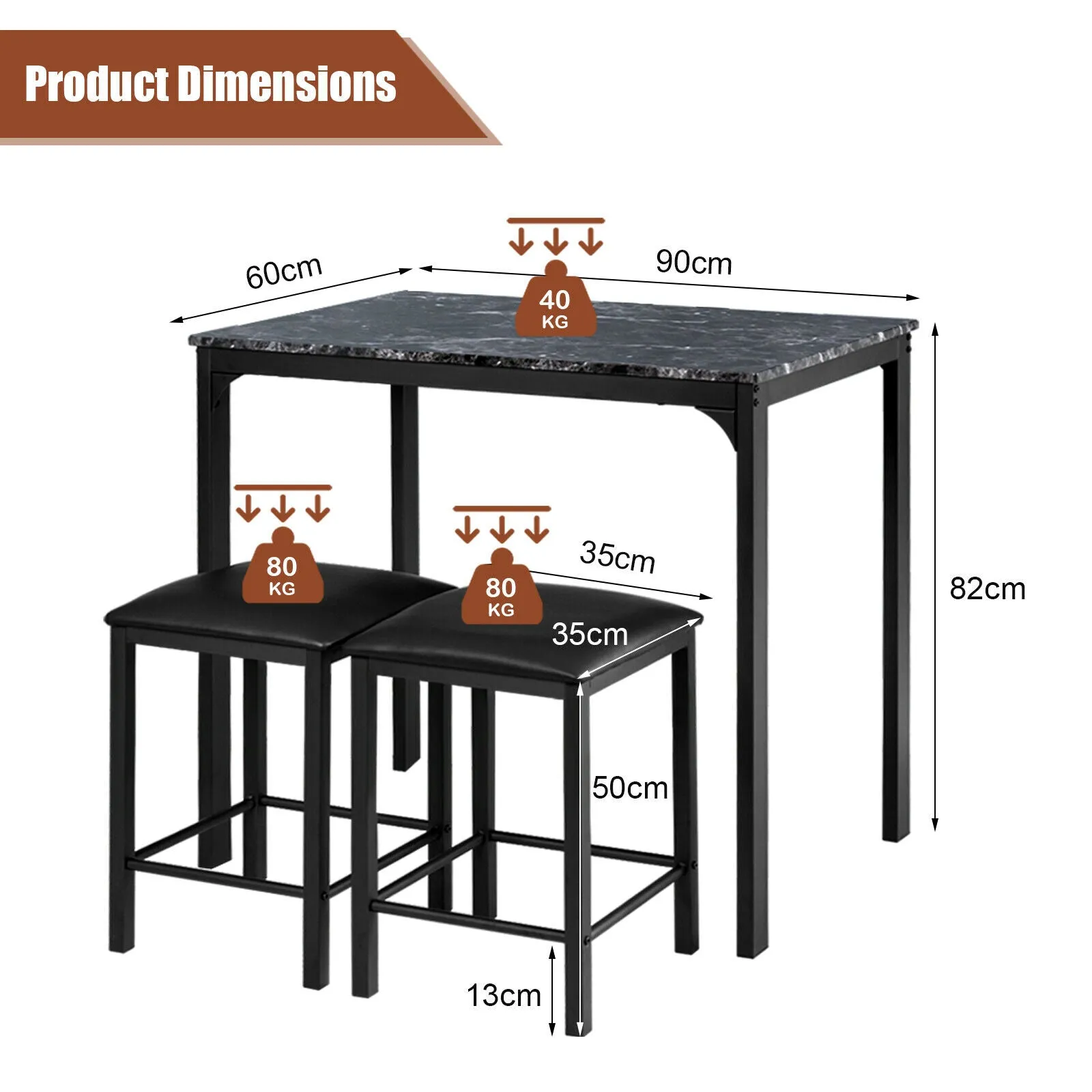 3 Piece Dining Table Set with 2 Faux Leather Backless Stools-Black