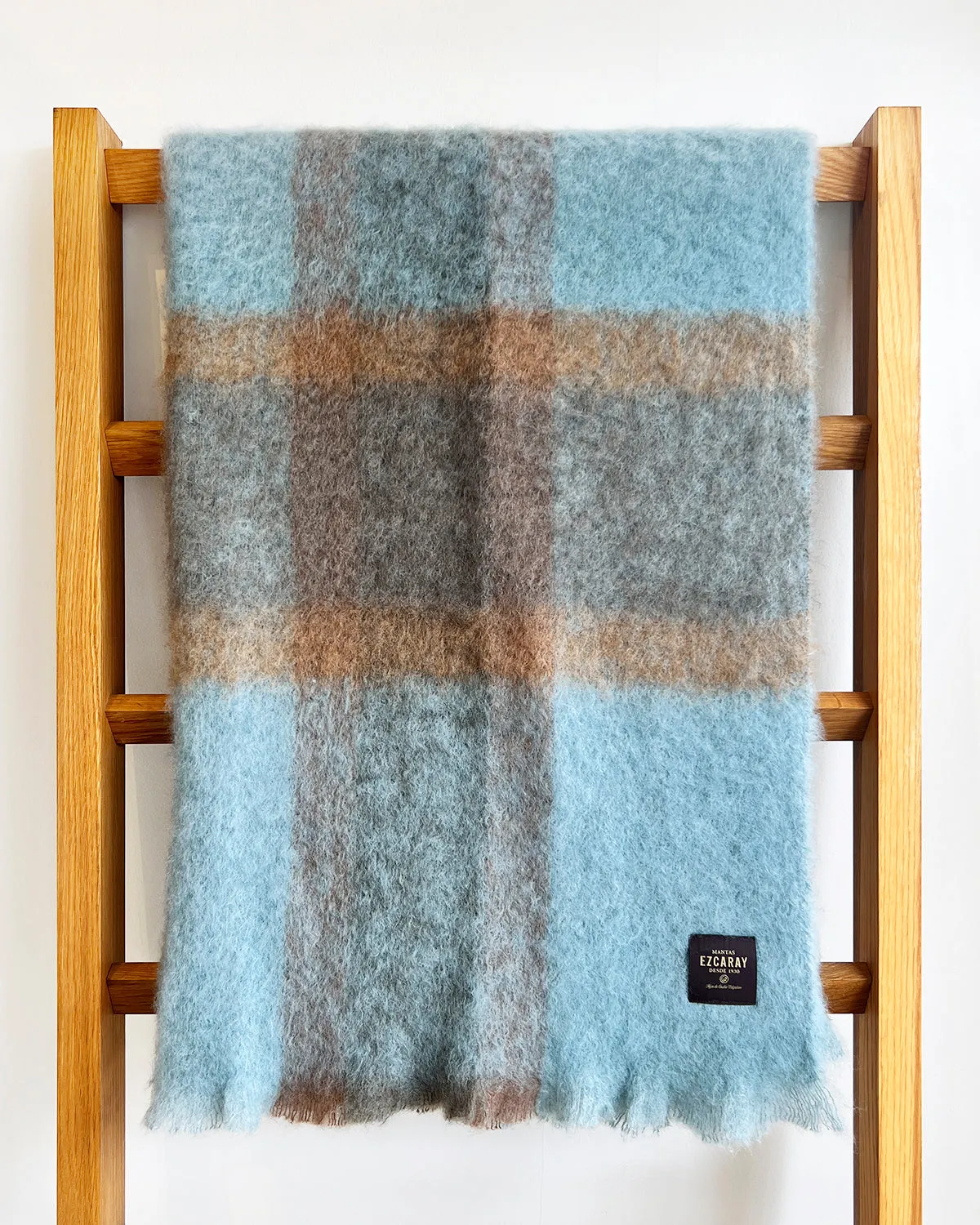 Coffee and Teal Checkered Mohair Blanket Throw