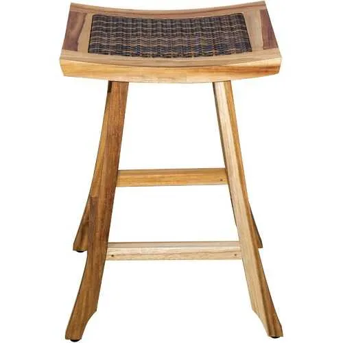 Compact Teak Counter Stool with Rattan in Natural Finish