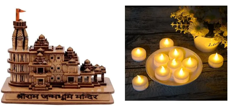 CSOK Handmade Wooden Shri Ram mandir Ayodhya 3D Wood Tempal for Home Decoration with 2pc Flameless LED Tea Lights Realistic and Bright Flickering Electric Votive Fake Candles