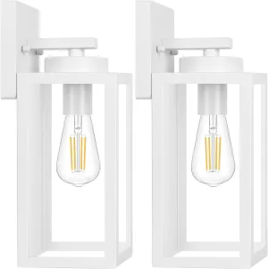 Outdoor Wall Light Fixtures, Exterior Waterproof Wall Lanterns, Porch Sconces Wall Mounted Lighting with E26 Sockets & Glass Shades, Modern White Wall Lamps for Patio Front Door Entryway, 2-Pack