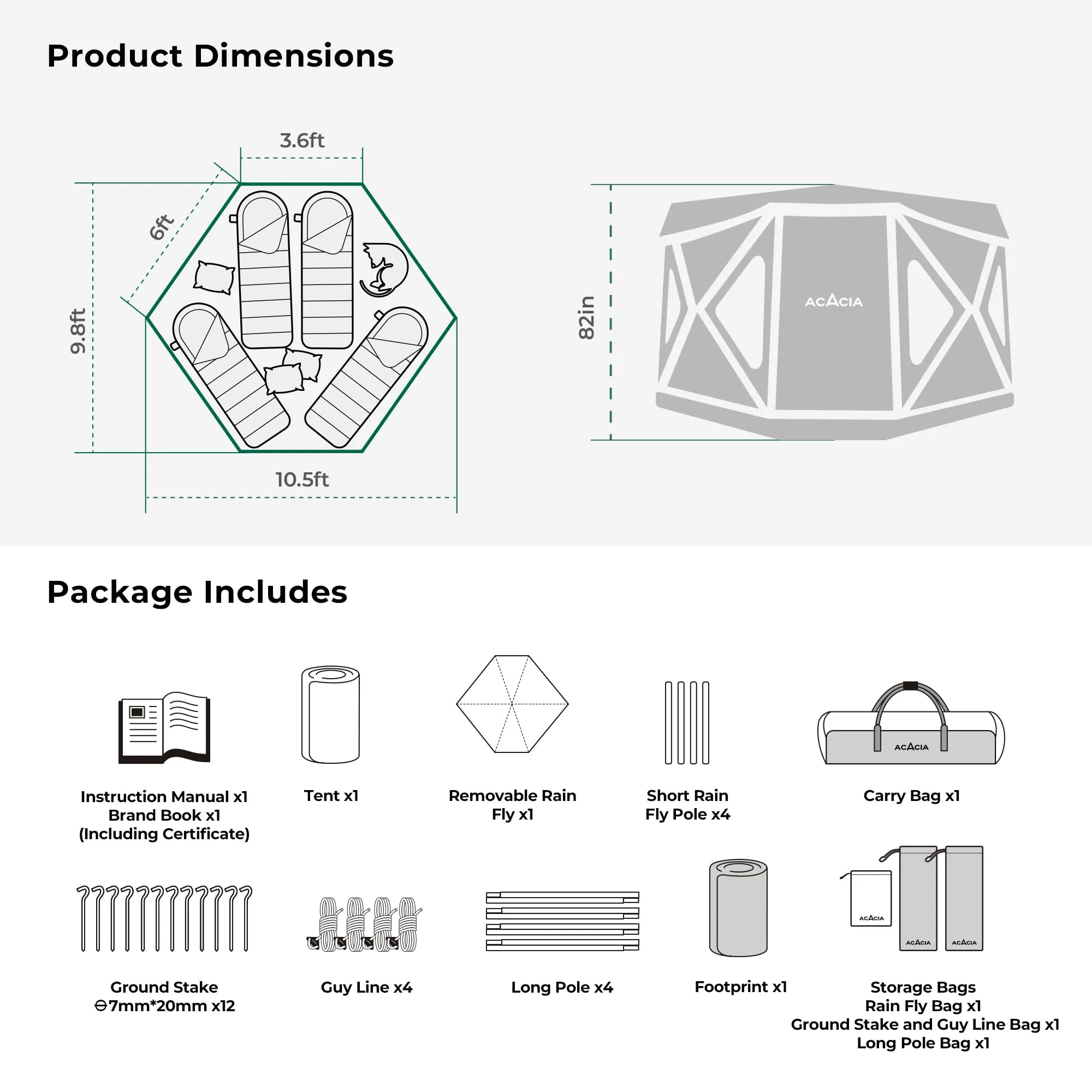 Space Acacia Camping Tent XL, 4-6 Person Large Family Tent with 6'10'' Height, 2 Doors, 8 Windows, Waterproof Pop Up Easy Setup Hub Tent with Rainfly, Footprint for Car Camping, Glamping, Moonstone