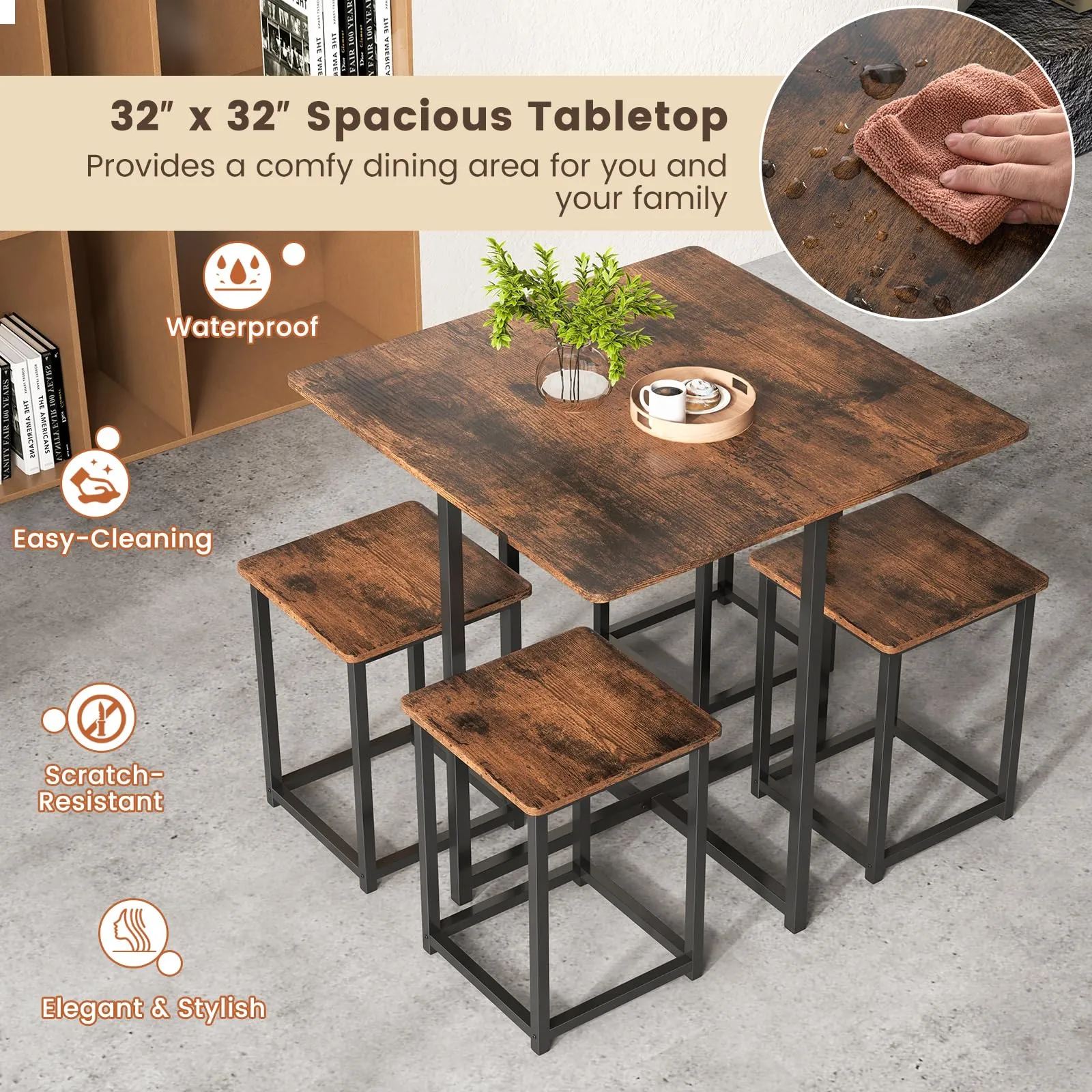 Tangkula Compact 5-Piece Dining Table Set for 4, Small Kitchen Table Set with Square Stools and Metal Frame