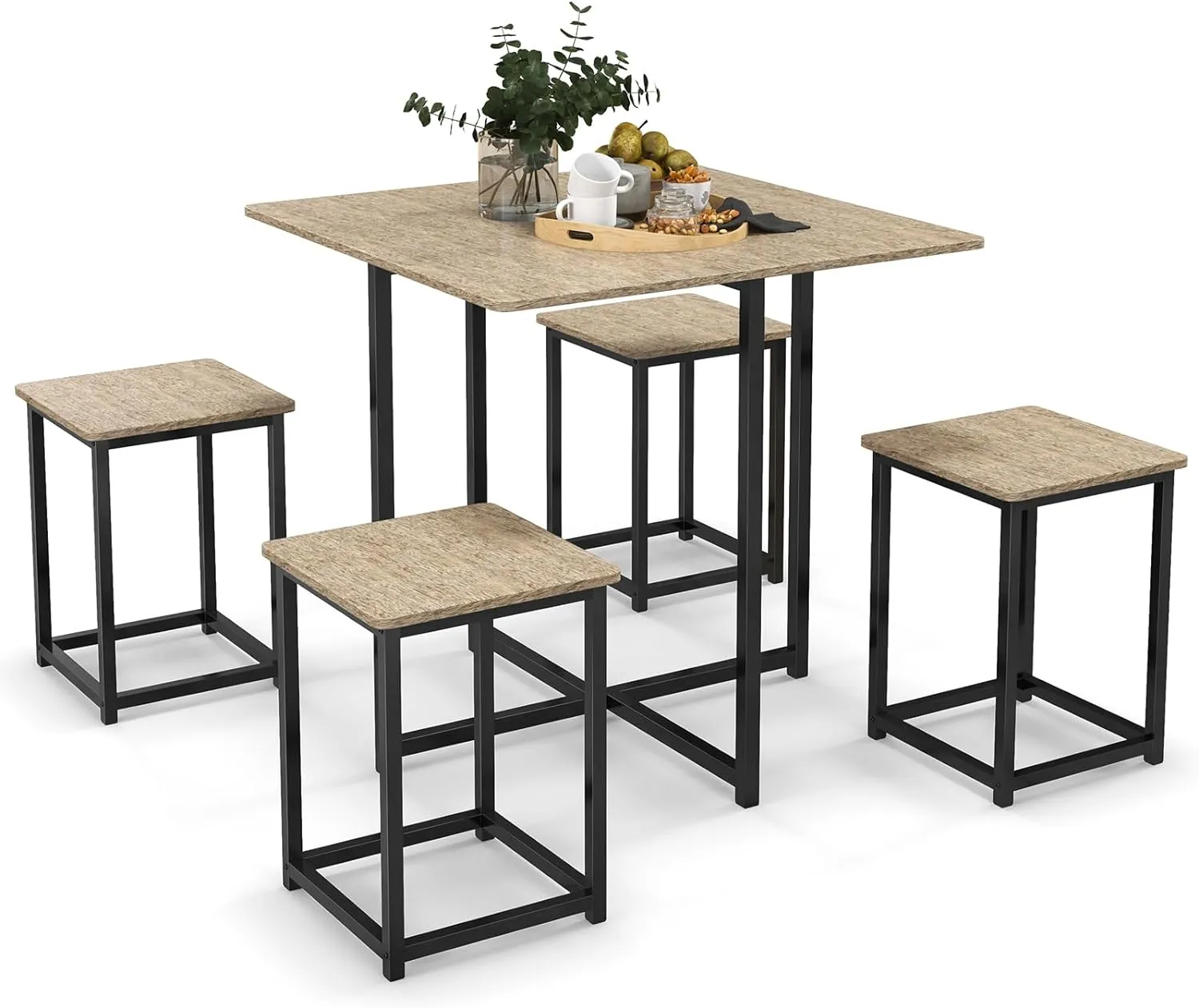 Tangkula Compact 5-Piece Dining Table Set for 4, Small Kitchen Table Set with Square Stools and Metal Frame